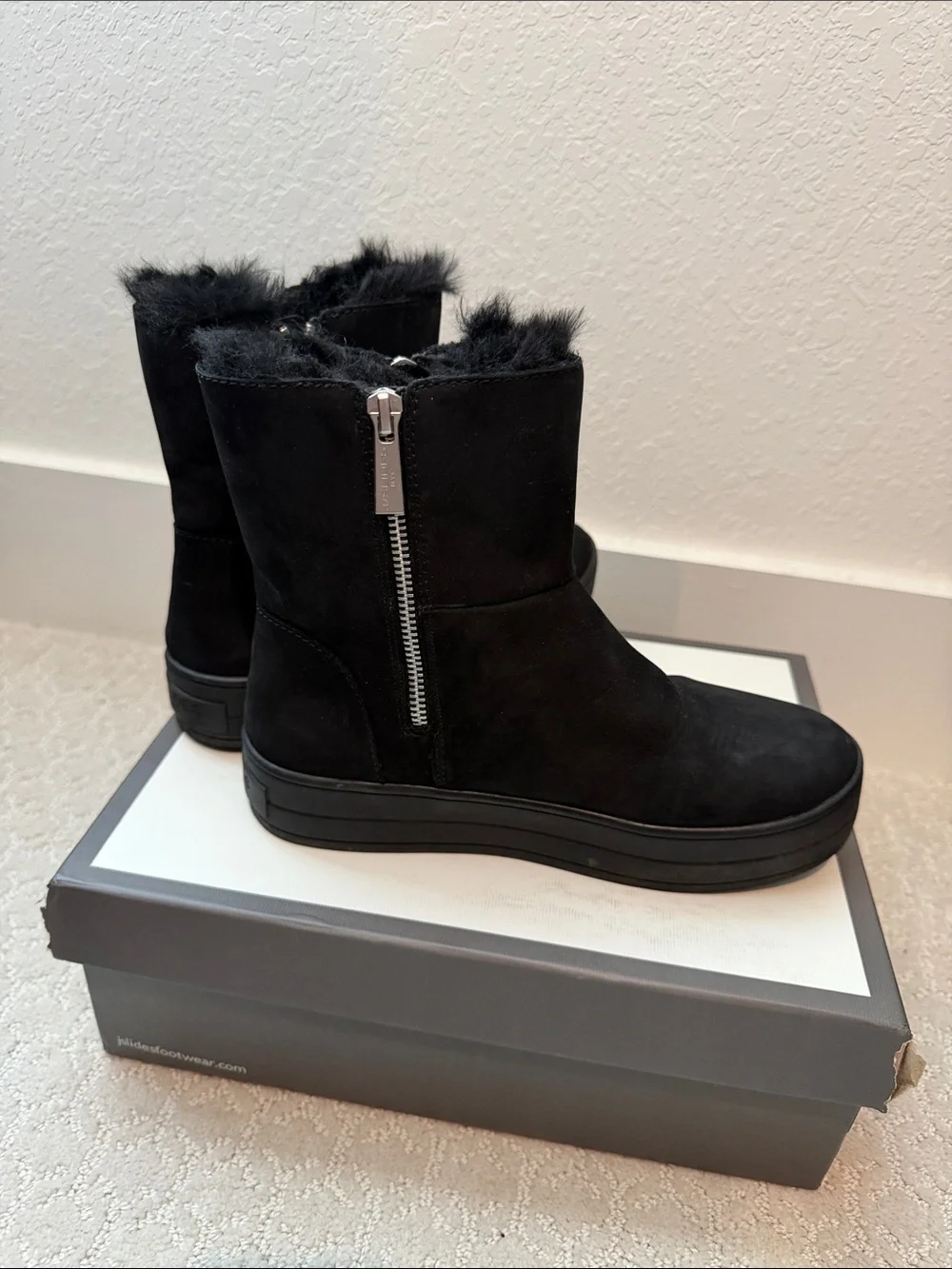 J/SLIDES Black Suede Fur-Trim Platform Ankle Boots